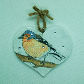 Chaffinch Illustrated Wooden Heart Hanging Decoration 75 x 55mm with Mini Gems