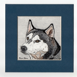 Original Artwork Husky Dog Pen & Pencil Drawing 5 x 5 Inch Dark Blue Mount