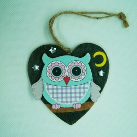 Owl Motif Wooden Heart with Pencil Background, Crystal Stars & Loop 85 x 85mm