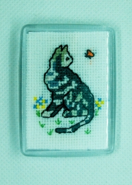 Grey Tabby Cat Cross Stitch Badge from Alison Perkins (56 x 42mm)