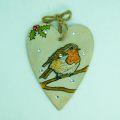 Robin Illustrated Wooden Heart Hanging Decoration 70 x 60mm with Mini Gems